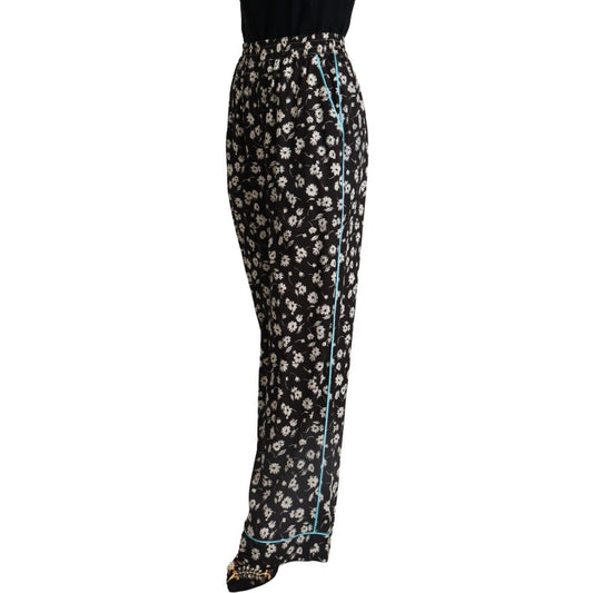 Dolce & Gabbana | Black Floral Mid Waist Wide Leg Pants| McRichard Designer Brands   