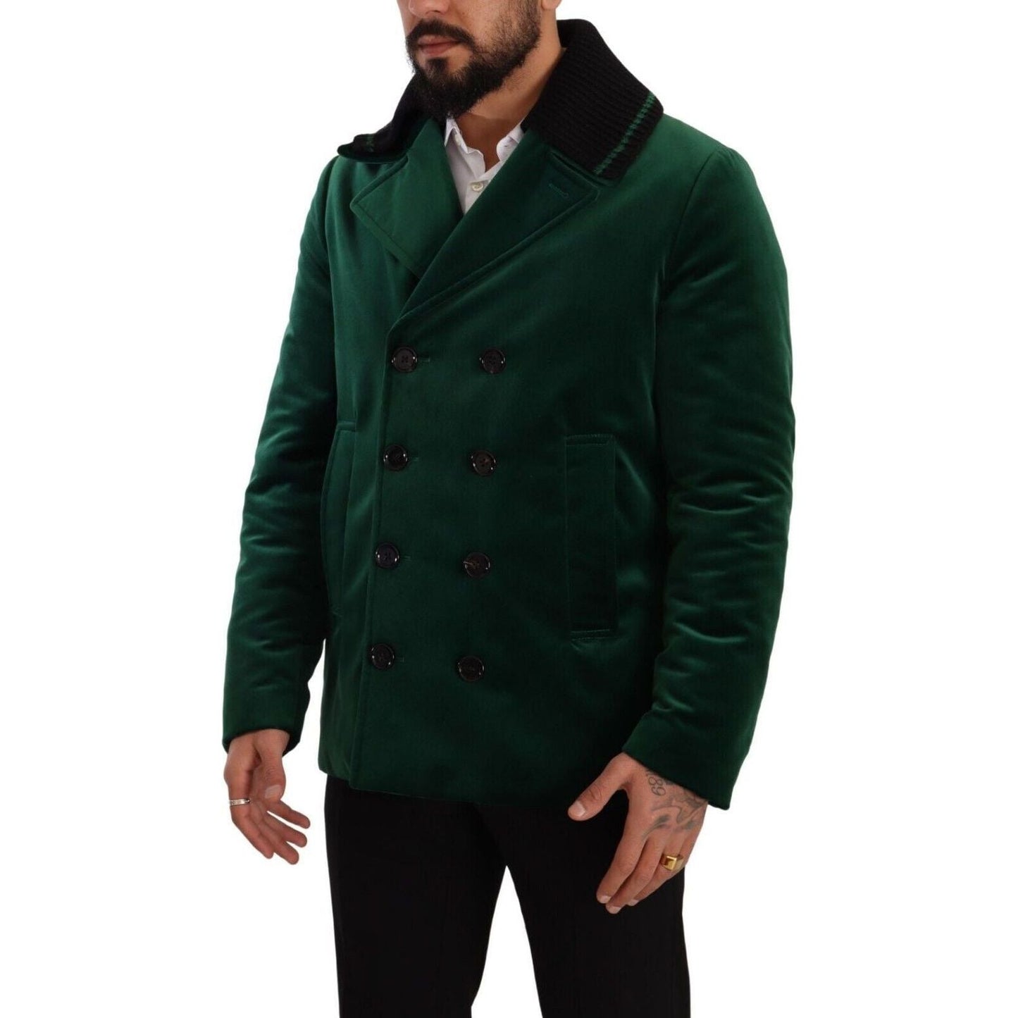 Dolce & Gabbana Elegant Velvet Double Breasted Overcoat green-velvet-cotton-double-breasted-jacket