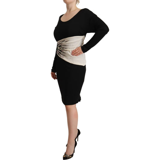 Roberto Cavalli Elegant Sheath Long Sleeve Boat Neck Dress black-silver-sheath-knee-length-dress WOMAN DRESSES