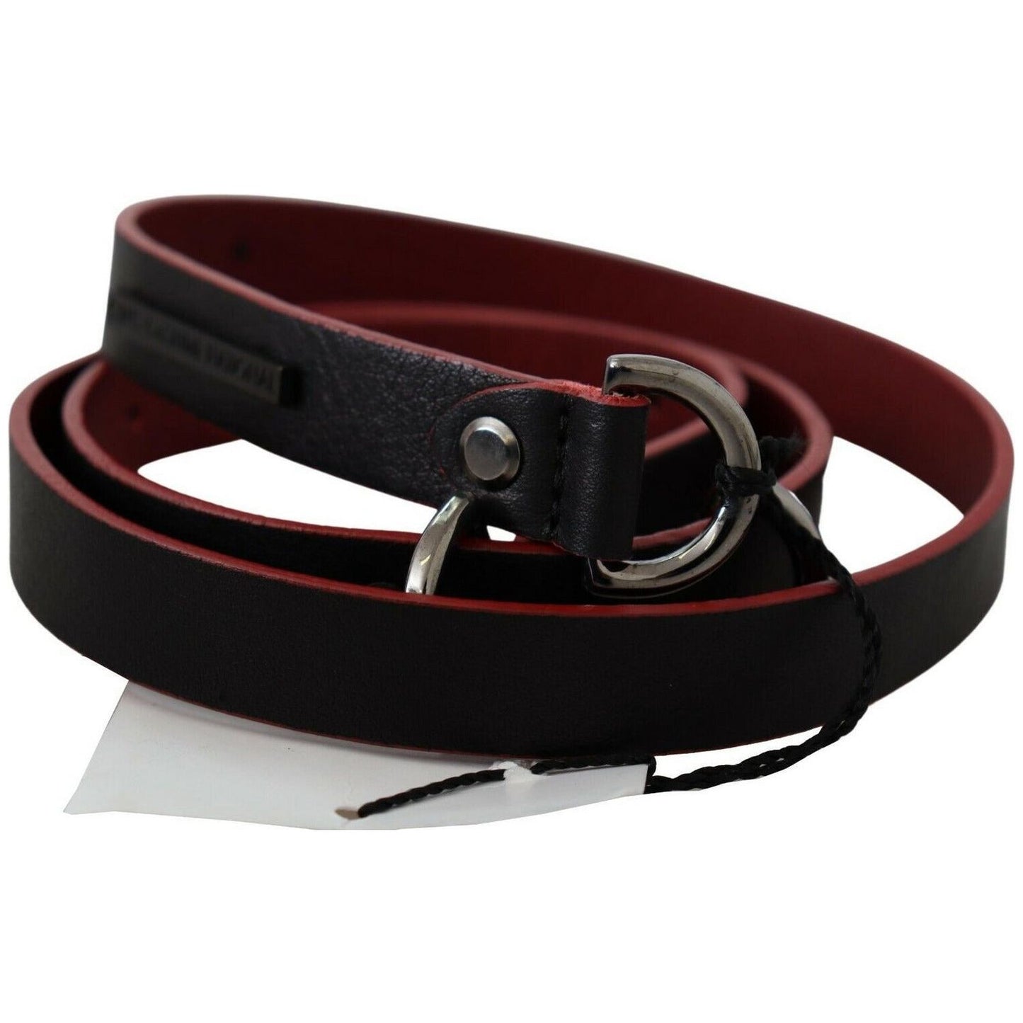Costume National Elegant Dual-Tone Leather Belt black-red-skinny-leather-logo-belt