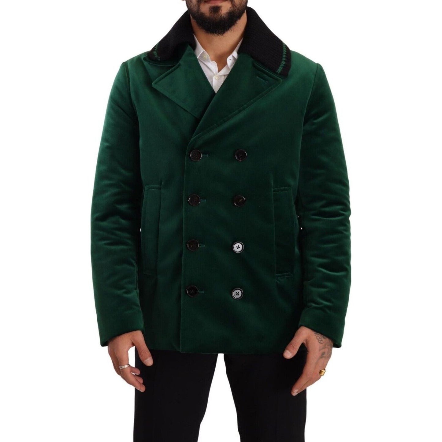 Dolce & Gabbana Elegant Velvet Double Breasted Overcoat green-velvet-cotton-double-breasted-jacket