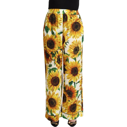 Dolce & Gabbana | White Sunflower Print Mid Waist Wide Leg Pants| McRichard Designer Brands   